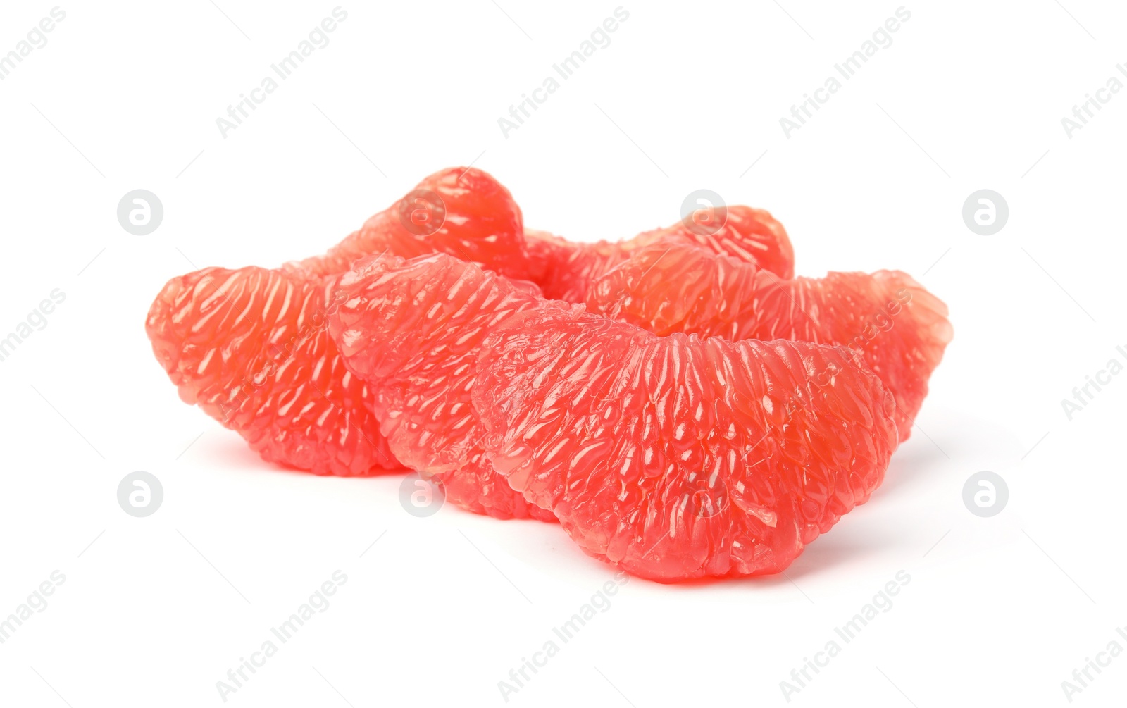 Photo of Slices of ripe juicy grapefruit on white background