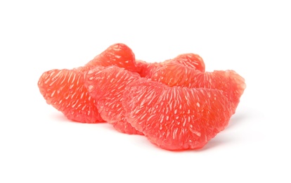 Photo of Slices of ripe juicy grapefruit on white background