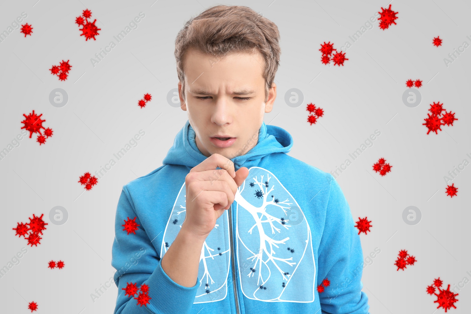 Image of Teenage boy with diseased lungs surrounded by viruses on light background