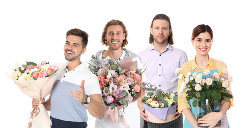 Collage of florists with bouquets on white background. Banner design