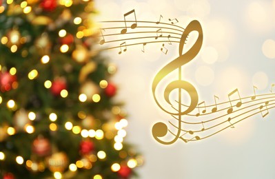 Image of Music notes and blurred view of Christmas tree, bokeh effect