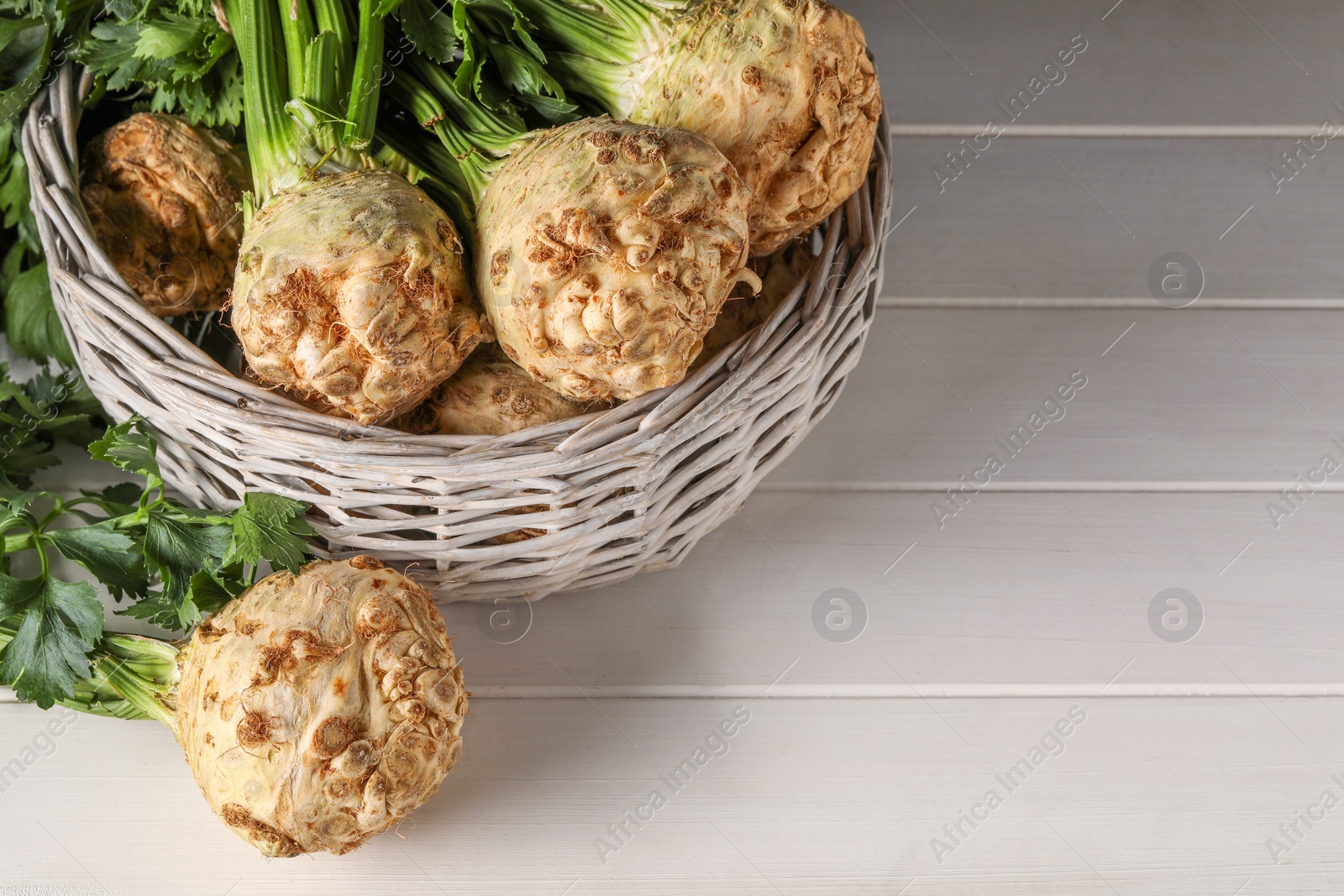 Photo of Fresh raw celery roots in wicker basket on white wooden table. Space for text