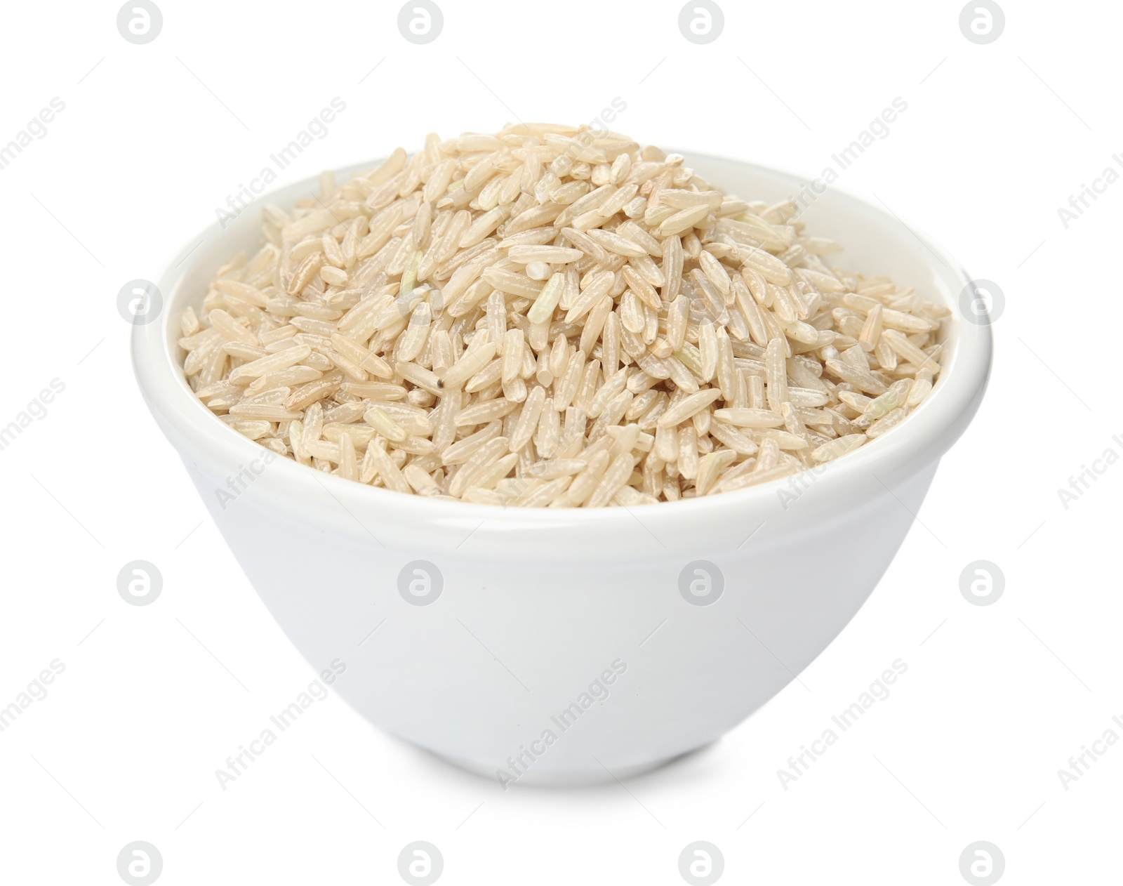 Photo of Bowl with raw unpolished rice on white background