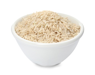 Bowl with raw unpolished rice on white background