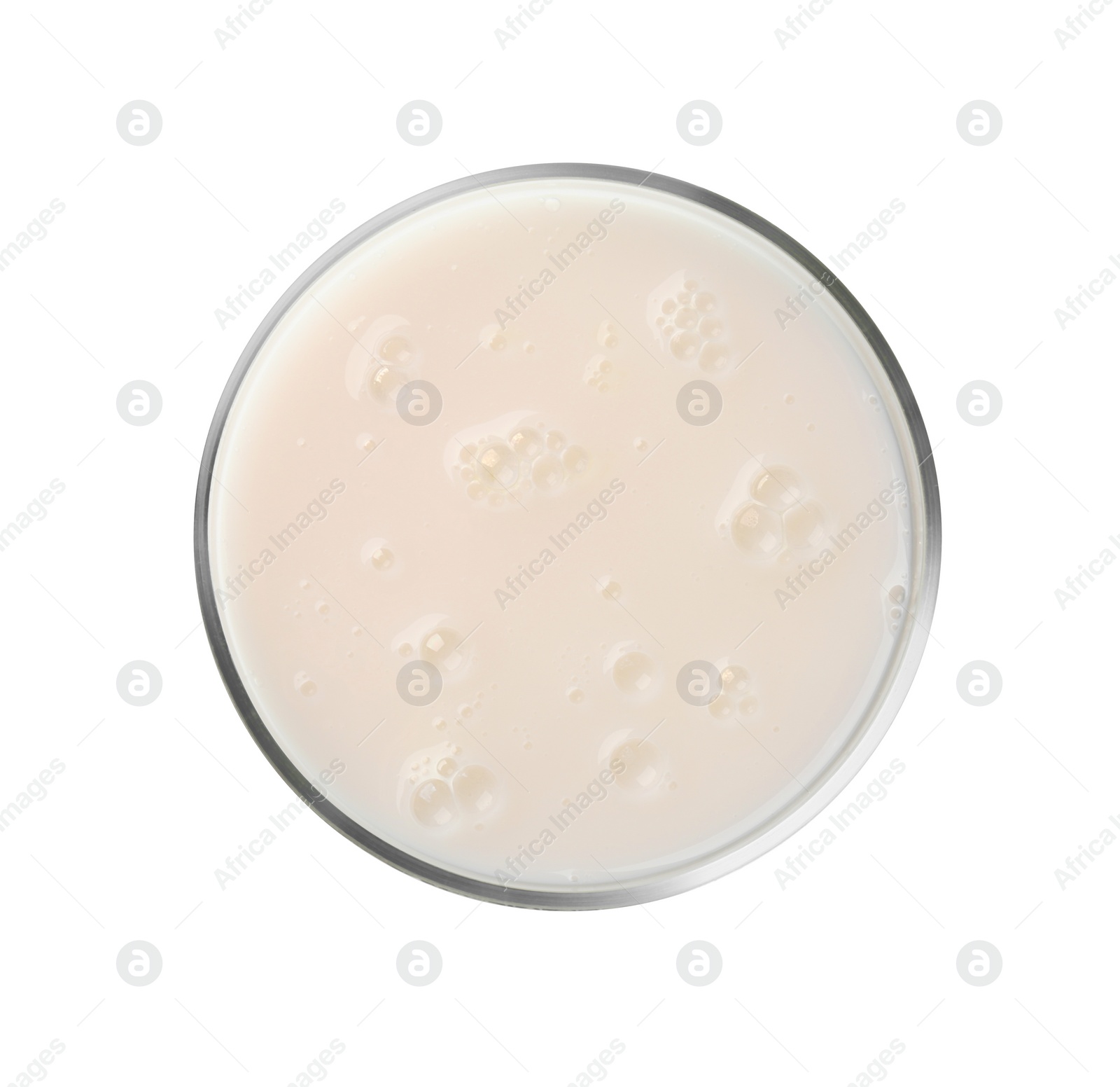Photo of Petri dish with colorful liquid sample on white background, top view