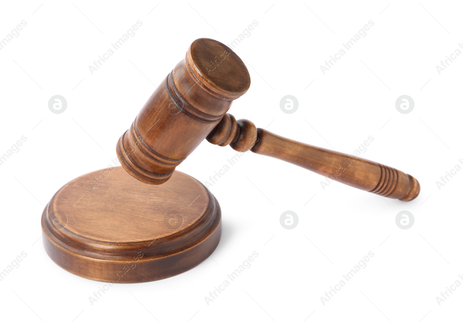 Photo of Wooden gavel isolated on white. Small mallet