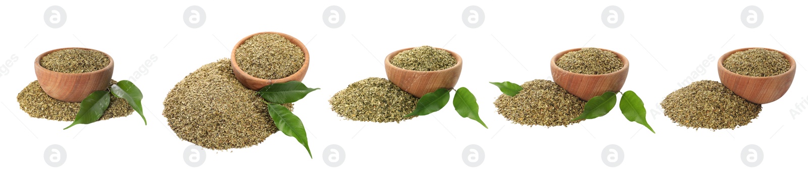 Image of Set with yerba mate leaf mix on white background. Banner design