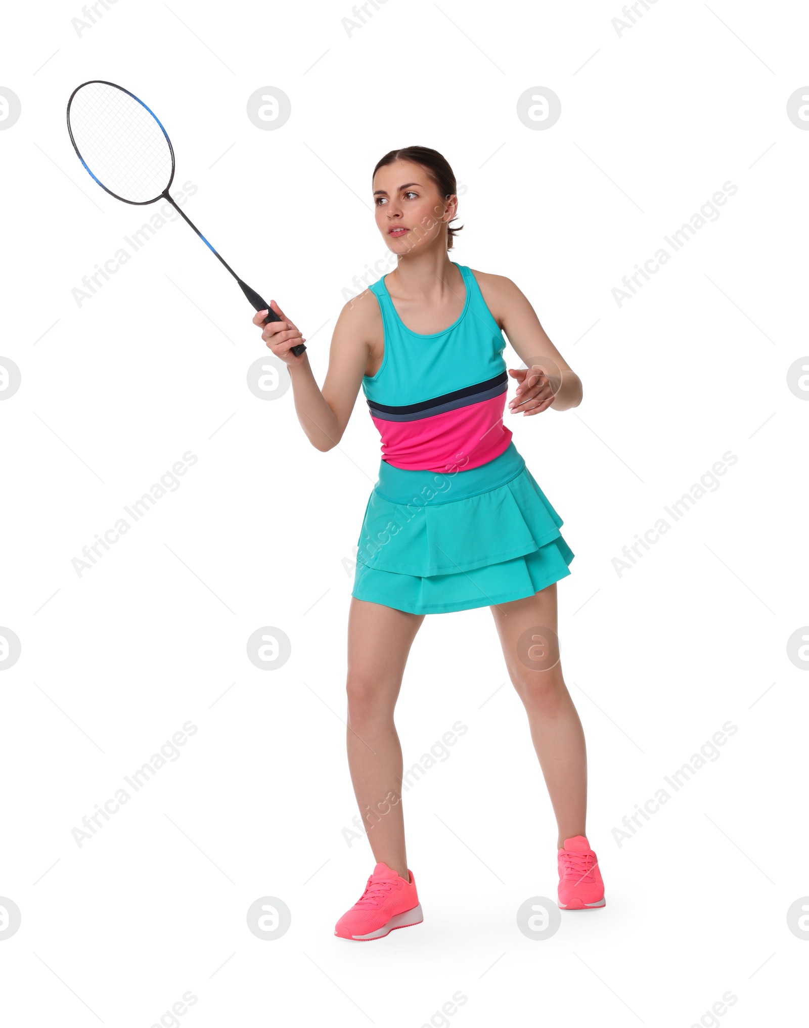 Photo of Young woman playing badminton with racket on white background