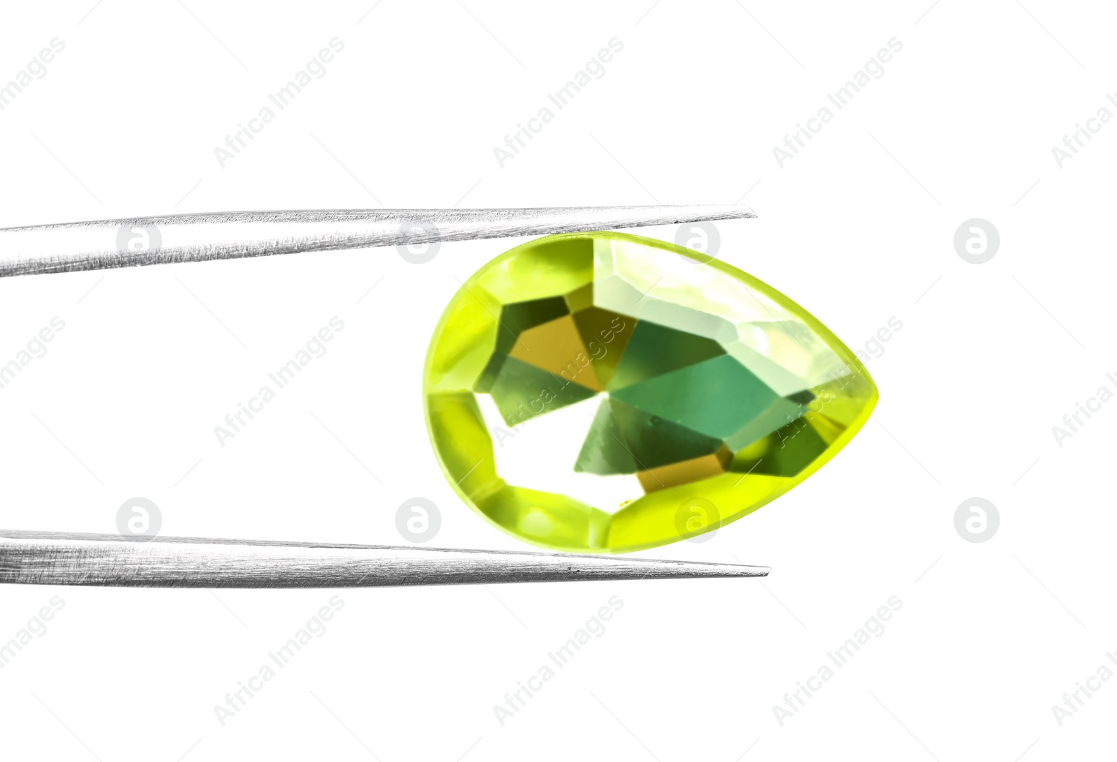 Photo of Tweezers with beautiful gemstone on white background