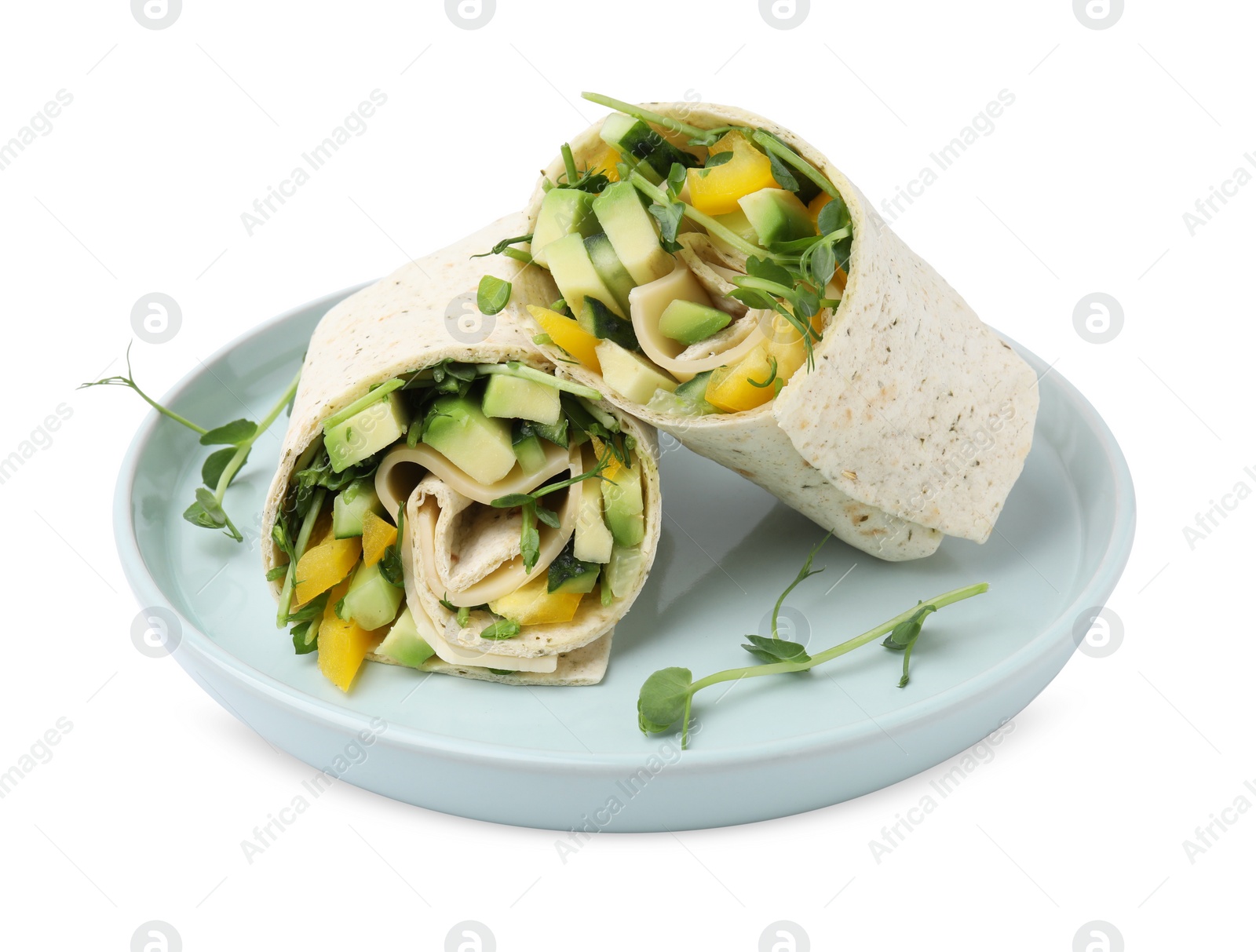 Photo of Delicious sandwich wraps with fresh vegetables isolated on white