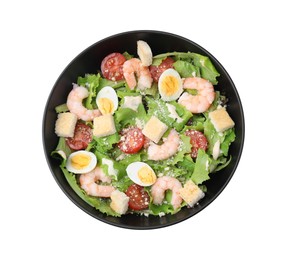 Photo of Delicious Caesar salad with shrimps isolated on white, top view