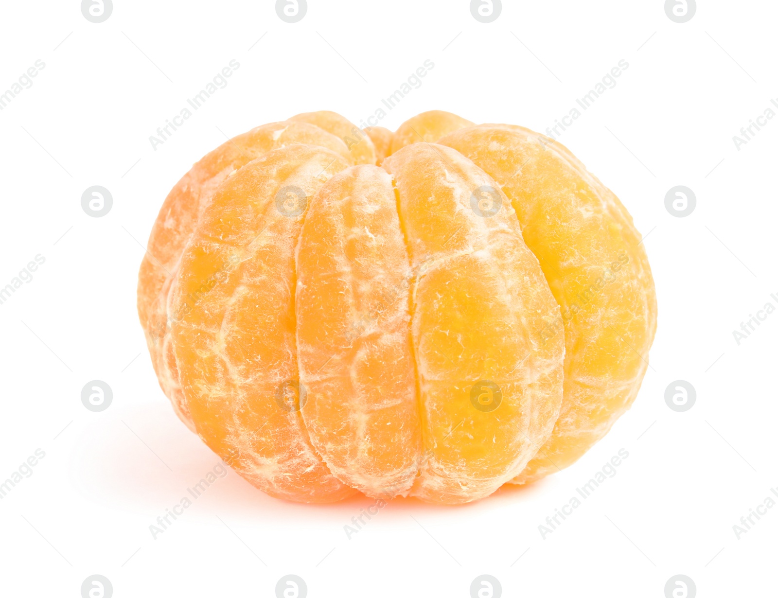 Photo of Peeled ripe tangerine on white background. Citrus fruit