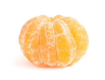 Photo of Peeled ripe tangerine on white background. Citrus fruit