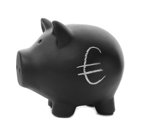 Photo of Black piggy bank with euro symbol on white background