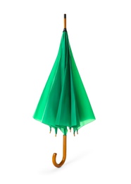 Photo of Modern closed green umbrella isolated on white