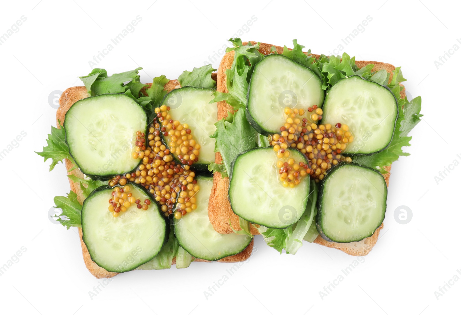 Photo of Tasty cucumber sandwiches with arugula and mustard on white background, top view