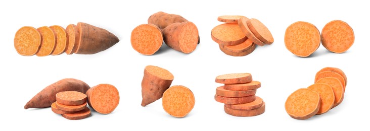 Image of Set with fresh sweet potatoes on white background. Banner design