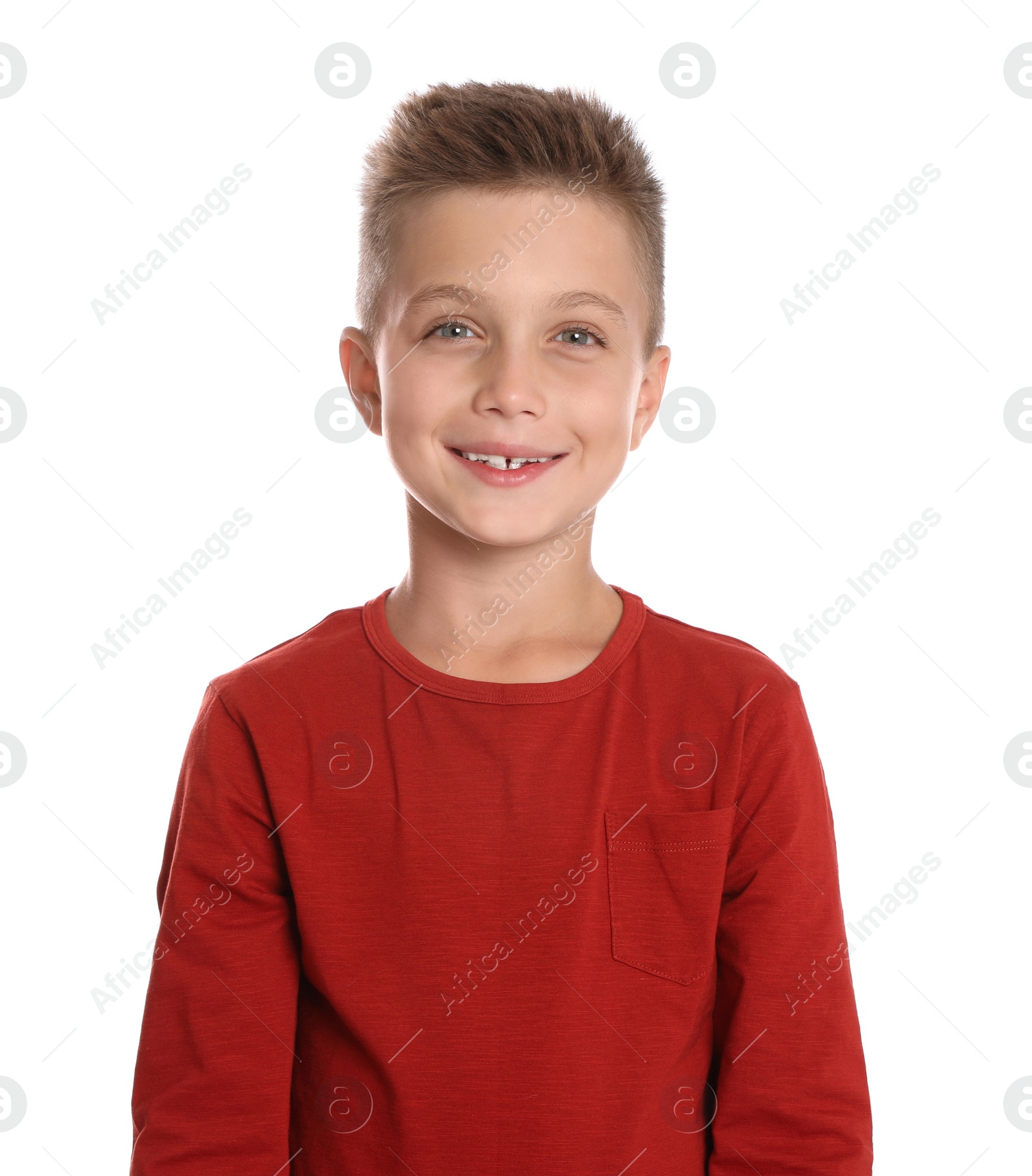 Photo of Cute little boy posing on white background