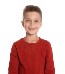 Photo of Cute little boy posing on white background