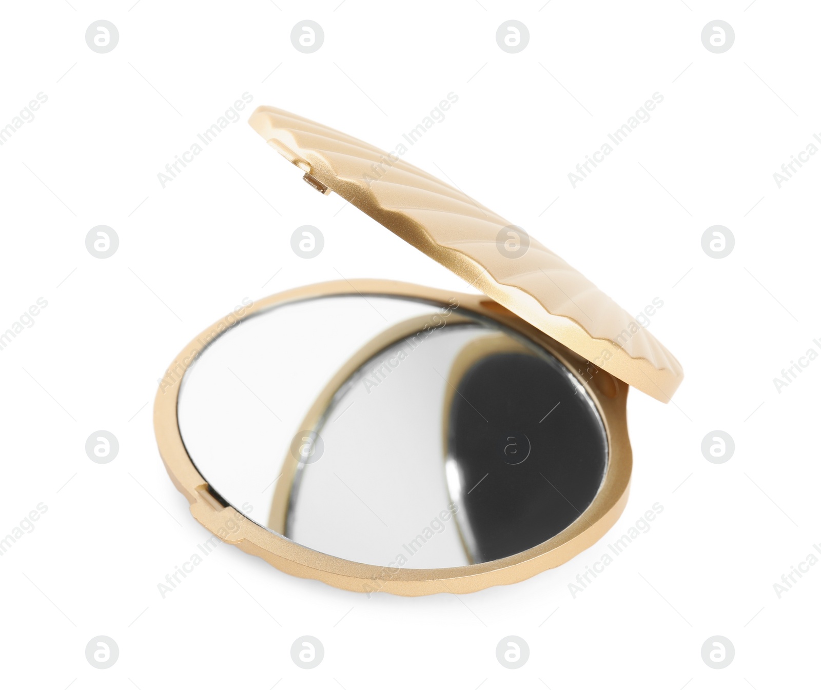 Photo of Gold cosmetic pocket mirror isolated on white