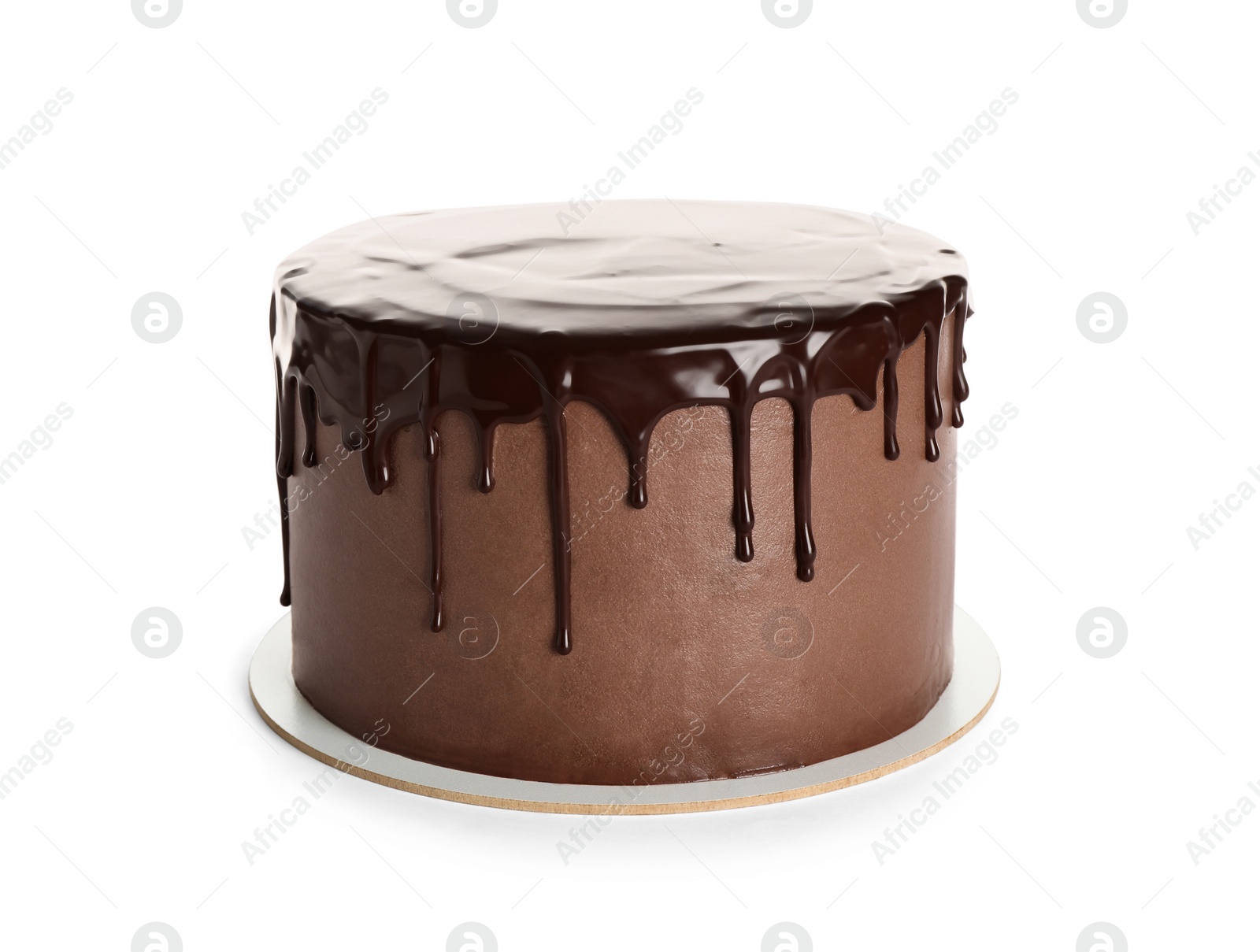 Photo of Freshly made delicious chocolate cake on white background