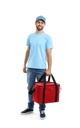 Young courier with thermo bag on white background. Food delivery service