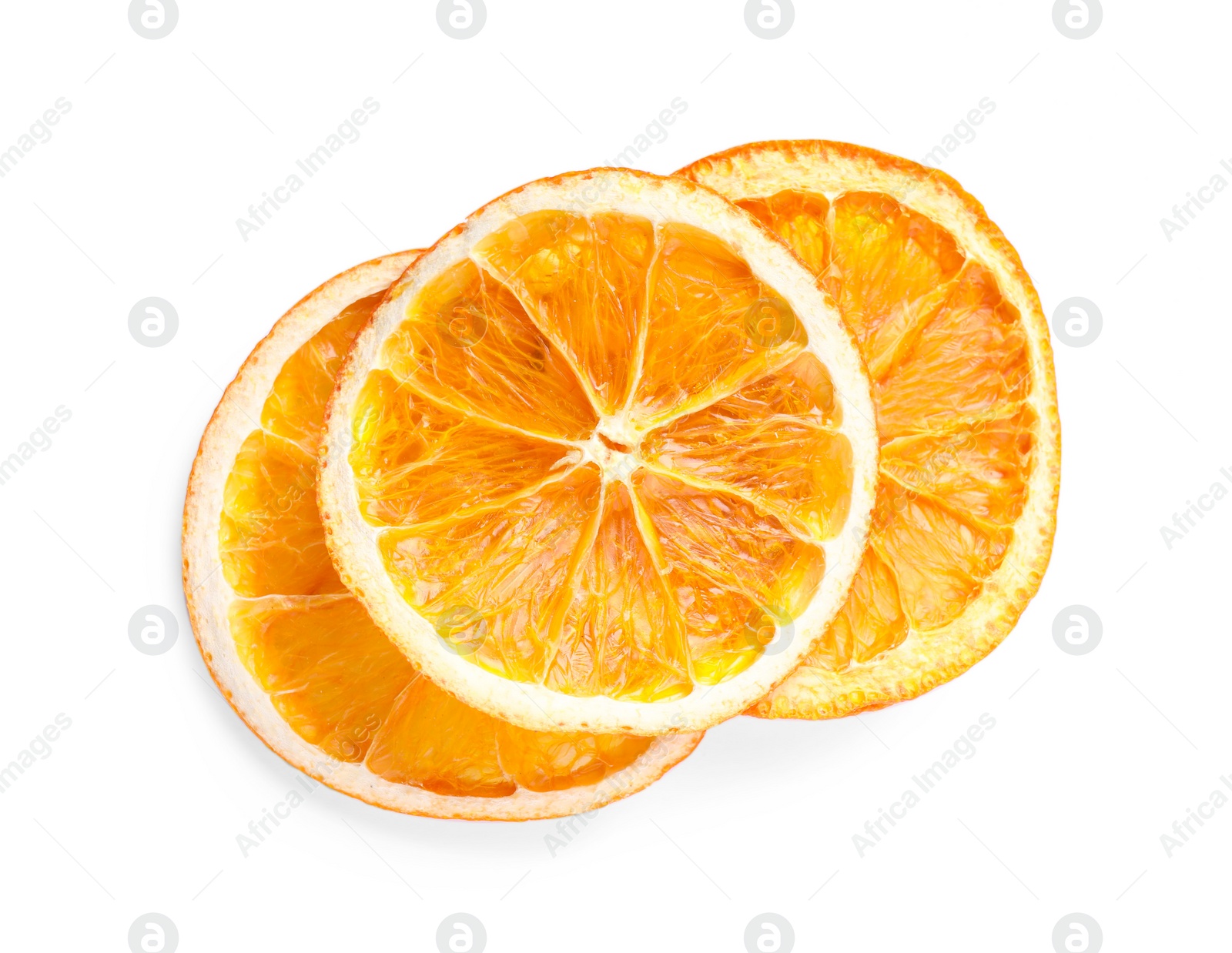 Delicious dry orange slices on white background, top view Photo of Delicious dry orange slices on white background, top view