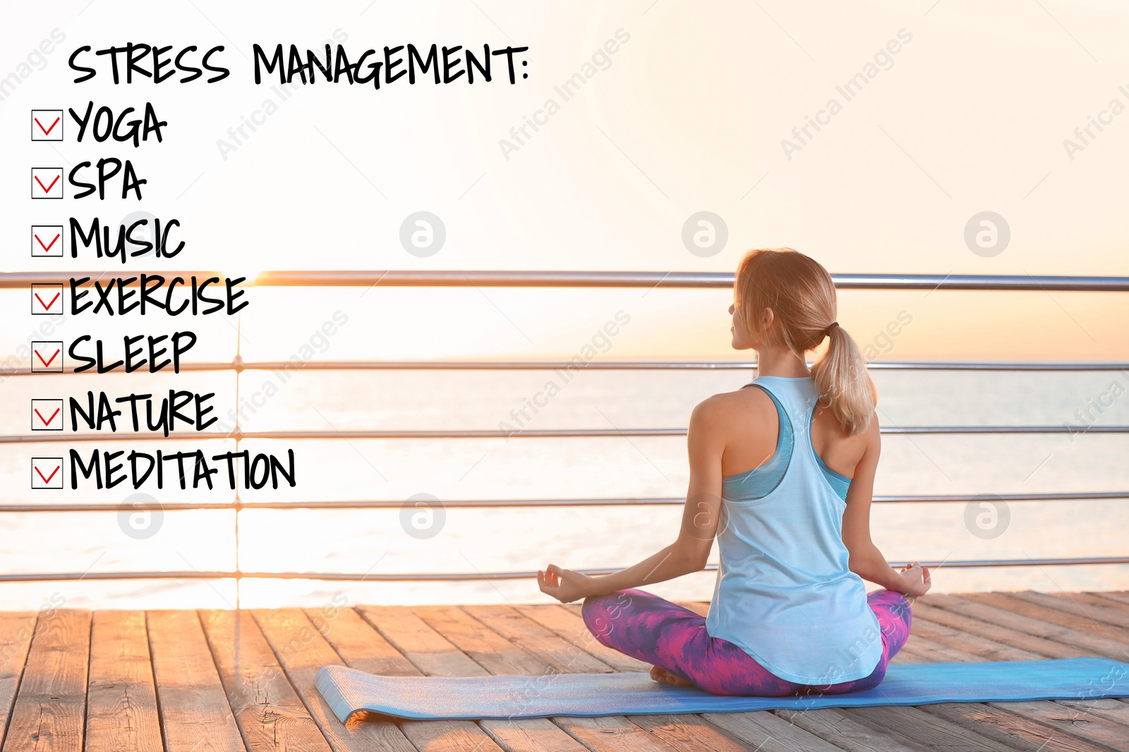 Image of Stress management techniques. Woman meditating on pier