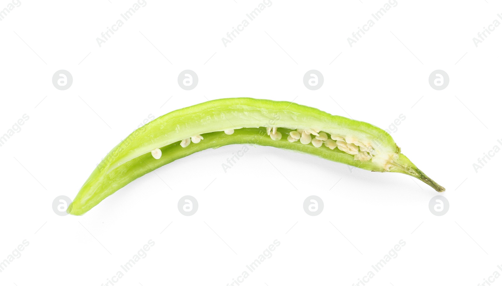 Photo of Slice of ripe chili pepper on white background, top view