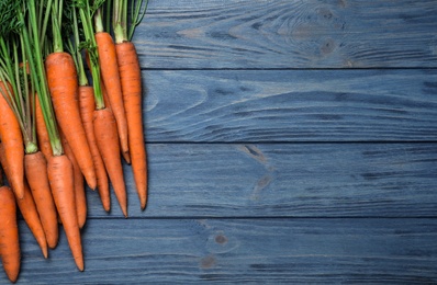 Ripe carrots on blue wooden table, flat lay. Space for text