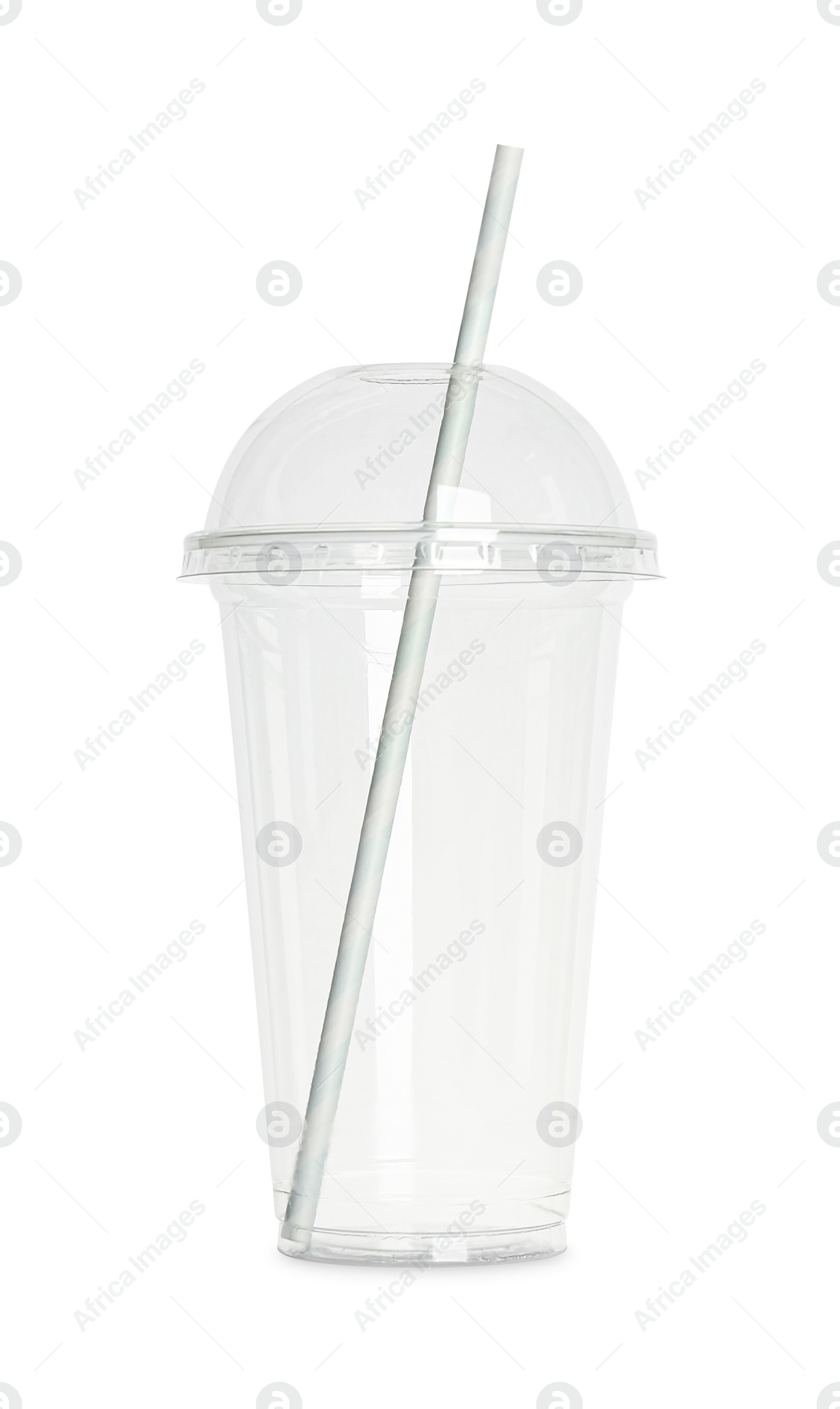 Photo of Empty plastic cup with straw isolated on white