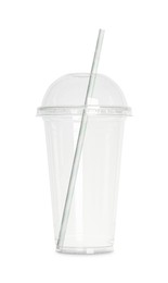 Empty plastic cup with straw isolated on white