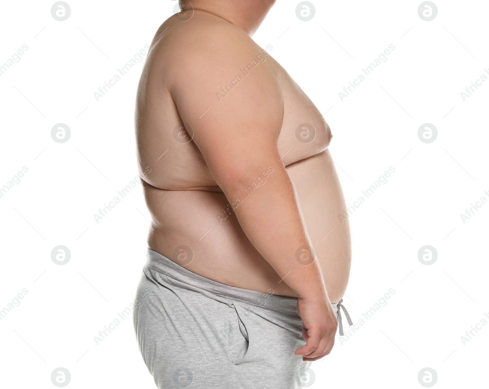 Photo of Overweight man posing on white background, closeup