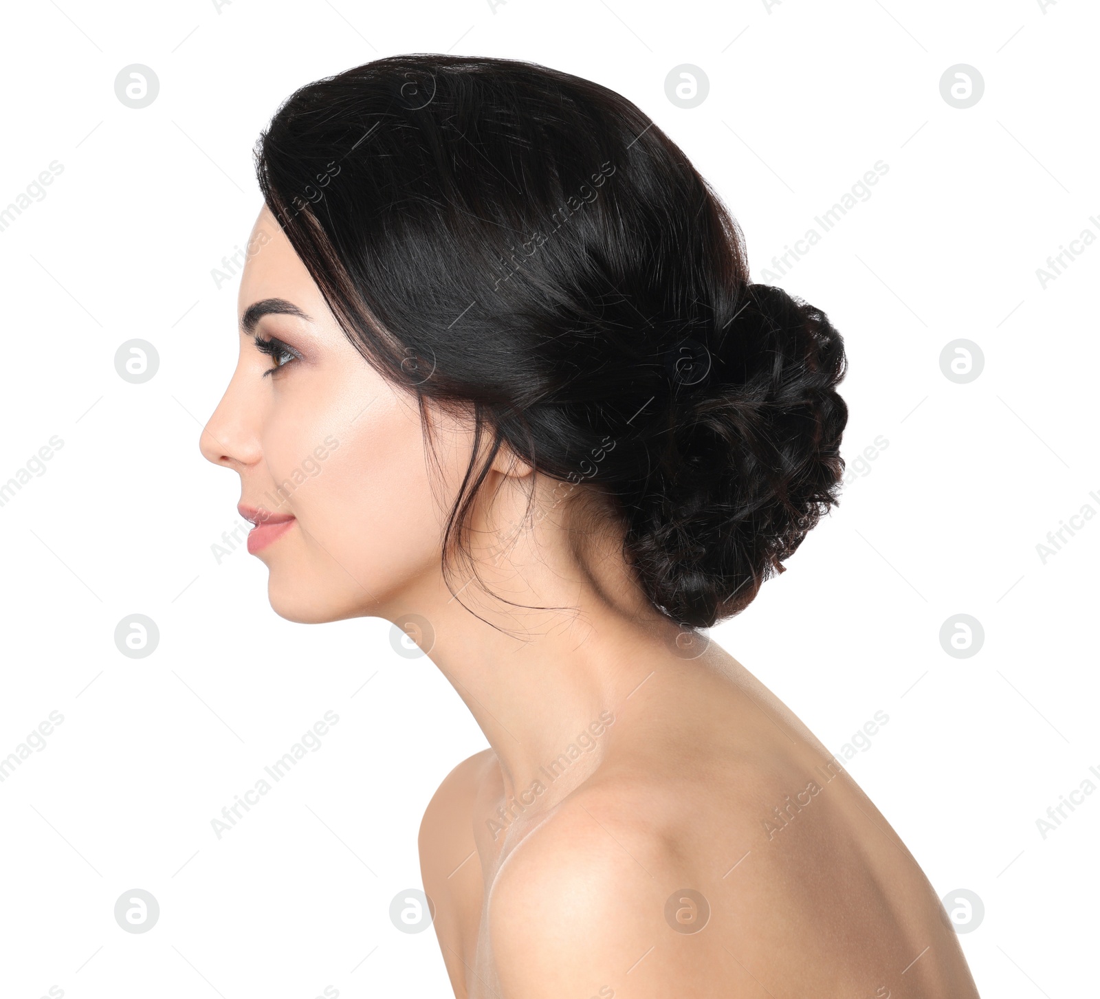 Photo of Portrait of young woman with beautiful hair on white background