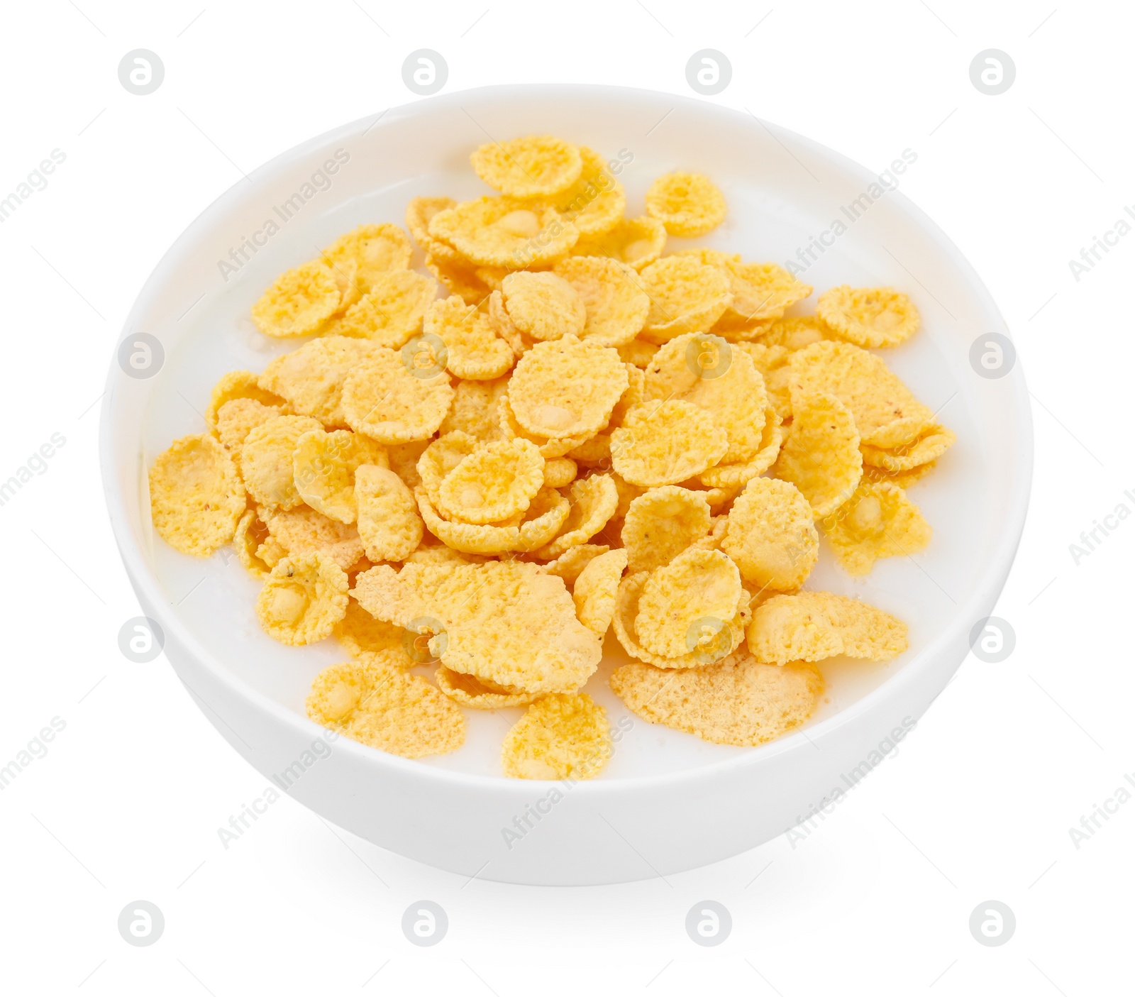 Photo of Breakfast cereal. Corn flakes and milk in bowl isolated on white