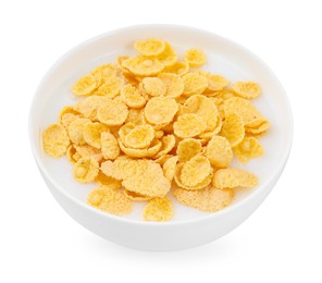 Photo of Breakfast cereal. Corn flakes and milk in bowl isolated on white