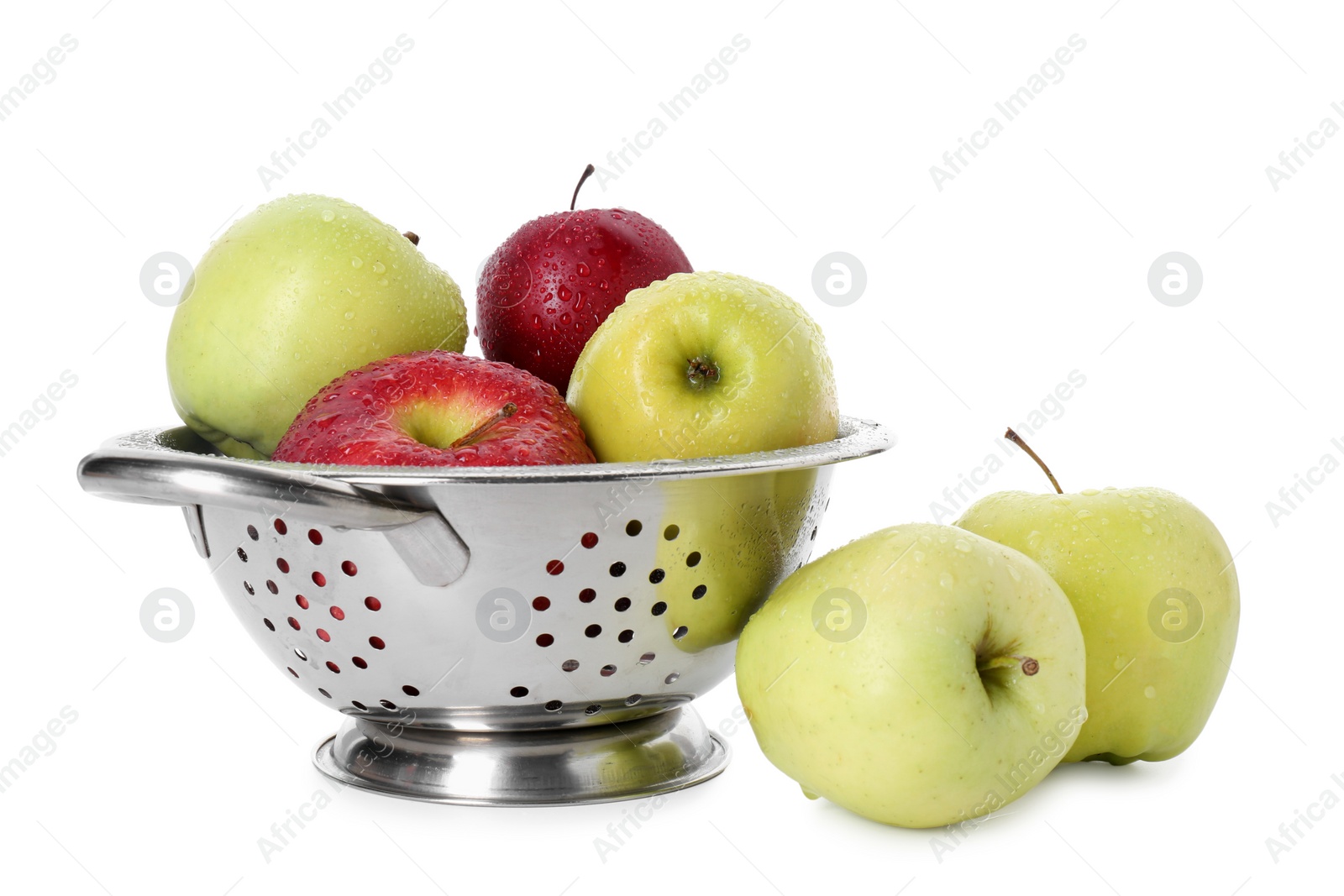 Photo of Metal colander with fresh apples isolated on white