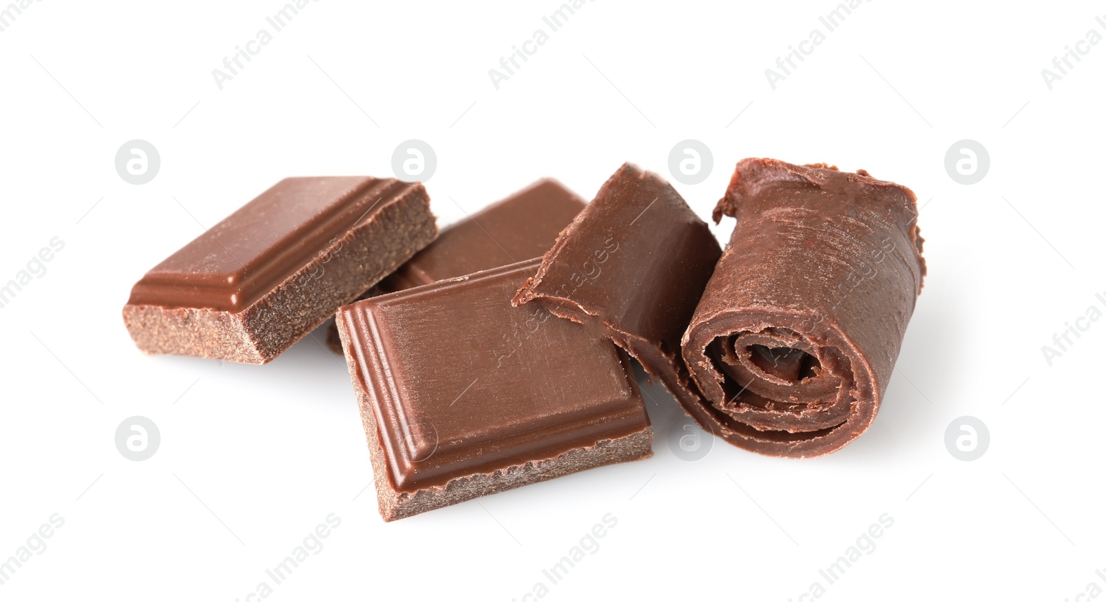 Photo of Chocolate curl and pieces isolated on white