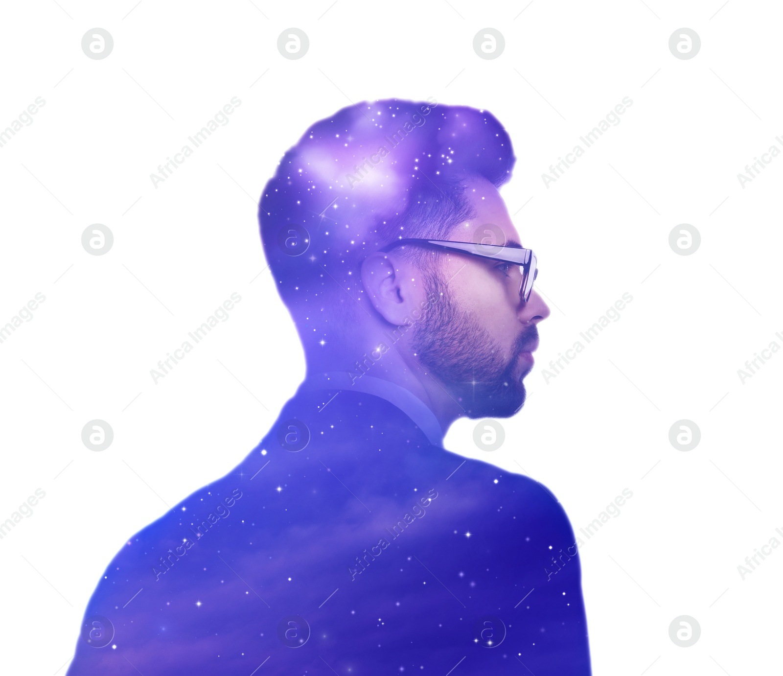 Image of Universe hidden in human, mindfulness, imagination, ideas, creativity, inner power concepts. Silhouette of man and starry sky or galaxy on white background, double exposure