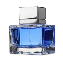 Photo of Blue men perfume in glass bottle isolated on white