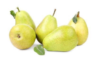 Photo of Many ripe pears with leaves on white background