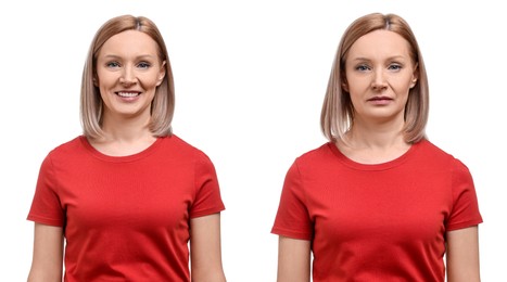 Woman showing different emotions on white background, collage