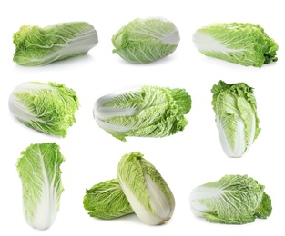 Image of Set of fresh ripe cabbages on white background