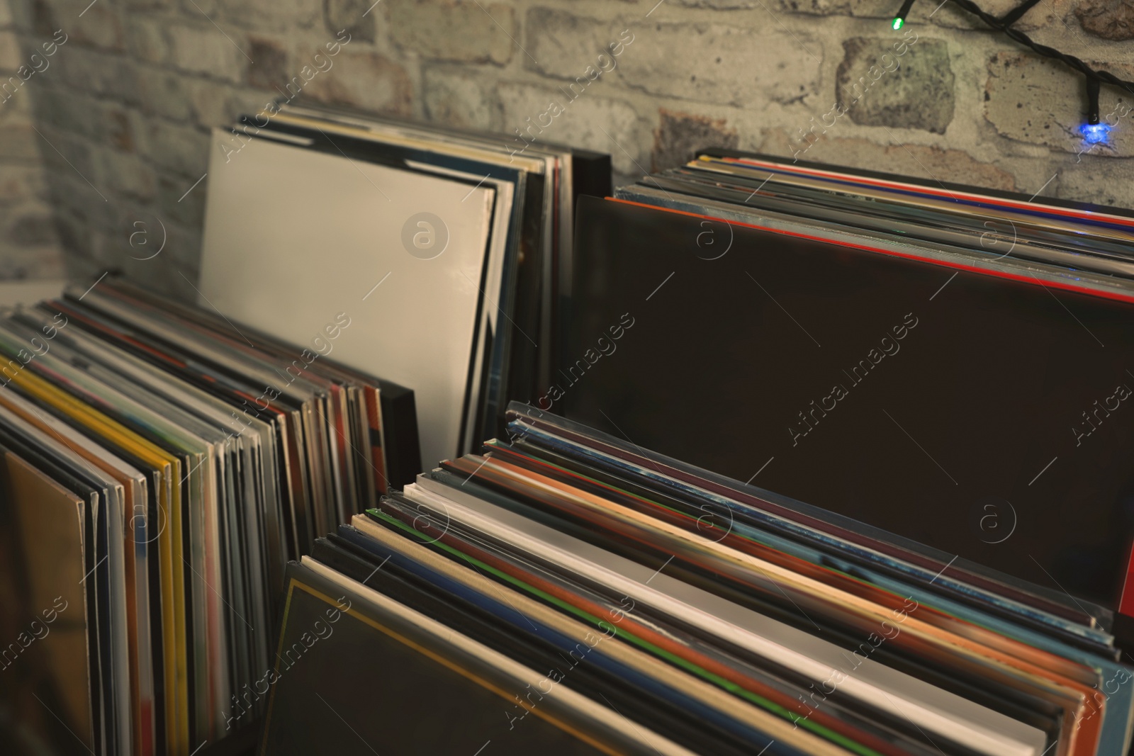 Image of Many different vinyl records in store, closeup