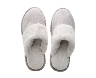 Photo of Pair of soft closed toe slippers on white background, top view