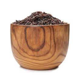 Bowl with uncooked black rice on white background