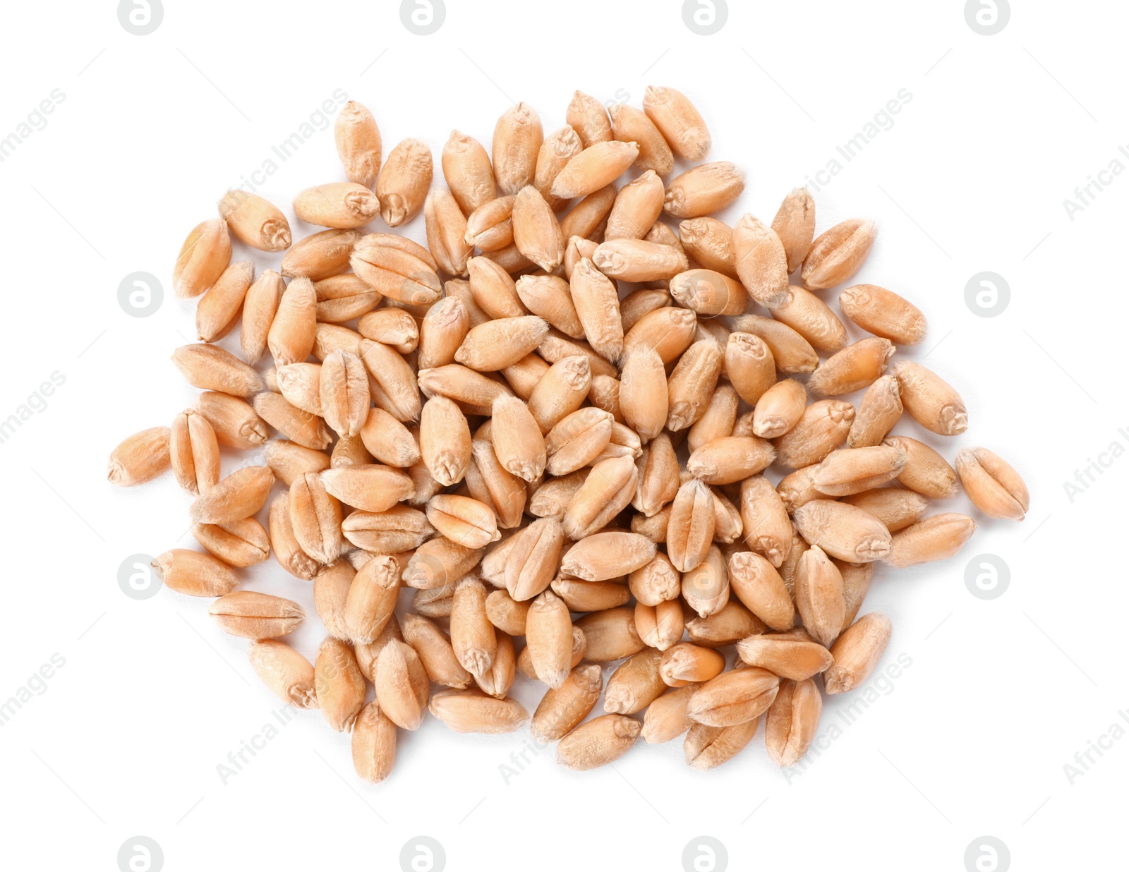 Photo of Pile of wheat grains on white background, top view