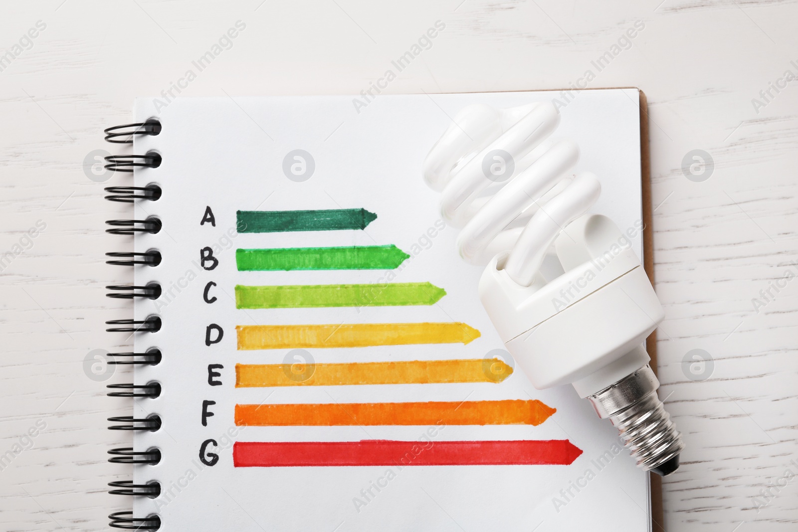 Photo of Notebook with energy efficiency rating chart and fluorescent light bulb on white wooden background, flat lay