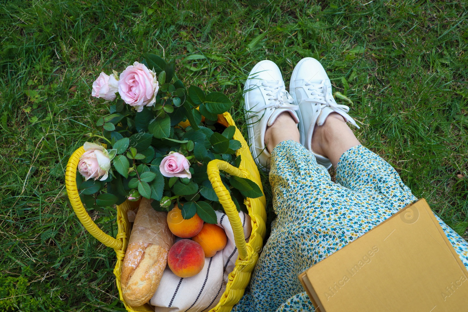 Photo of Woman sitting with book near yellow wicker bag of roses, baguette and peaches on green grass outdoors, above view