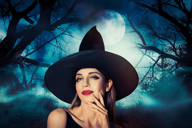 Image of Witch and misty forest under full moon on Halloween